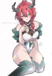 1girl absurdres artist_name bare_shoulders boots breasts brown_horns chascoby ciaccona_(wuthering_waves) demon_girl demon_horns detached_sleeves eyebrows_hidden_by_hair eyes_visible_through_hair facing_viewer green_eyes highleg highleg_leotard highres horns large_breasts leotard looking_at_viewer medium_hair patreon_username pointy_ears red_hair seiza sitting smile solo thigh_boots thighs wuthering_waves