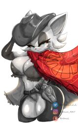 1girl 2025 alternate_breast_size_(larger) alternate_costume animal_ears artist_name ass bat_ears belt bra branuzzz breasts cleavage closed_mouth commentary cowboy_hat cowboy_shot elbow_gloves english_commentary eyeshadow furry furry_female gloves gun half-closed_eyes hand_on_own_head handgun hat hat_tip holster holstered huge_breasts lipstick makeup midriff monochrome navel panties pistol poncho red_poncho rouge_the_bat sega shiny_skin short_hair simple_background smile sonic_(series) spot_color thick_thighs thighs underwear weapon white_background white_fur
