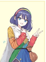 1girl absurdres blue_eyes cape dress hairband highres kashiwada_kiiho looking_at_viewer multicolored_dress multicolored_hairband purple_hair short_hair solo tenkyuu_chimata touhou v white_cape