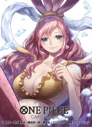 1girl bikini blue_eyes blush_stickers commentary_request copyright_name earrings fish_hair_ornament hagoromo hair_ornament jewelry looking_at_viewer mermaid monster_girl official_art one_piece one_piece_card_game shawl shell shell_earrings shirahoshi sidelocks smile solo swept_bangs swimsuit underwater uroko_(mnr) yellow_bikini