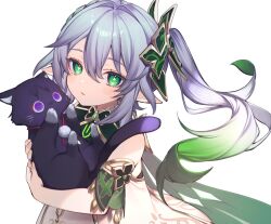 1girl animal animalization armlet blush bright_pupils cape cat colored_inner_hair colored_tips cross-shaped_pupils detached_sleeves dress ebibi_chiriri eyelashes eyeliner eyeshadow fingernails genshin_impact gold green_cape green_eyes green_hair green_sleeves hair_between_eyes hair_intakes half_crown_braid highres holding holding_animal holding_cat jewelry long_hair looking_at_viewer makeup multicolored_hair nahida_(genshin_impact) open_mouth person_and_animalization pointy_ears purple_cat red_eyeliner red_eyeshadow scaramouche_(cat)_(genshin_impact) scaramouche_(genshin_impact) side_ponytail sidelocks streaked_hair string symbol-shaped_pupils upper_body white_background white_dress white_hair white_pupils