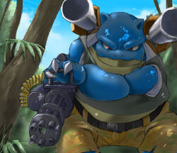 1boy aiming aiming_at_viewer belt black_belt blastoise blue_sky brown_eyes brown_pants cannon cargo_pants facing_to_the_side forest garou-zuki gatling_gun gen_1_pokemon grey_shirt gun holding holding_gun holding_weapon leaf leaning_forward looking_at_viewer male_focus minigun nature nintendo outdoors pants pokemon pokemon_(creature) shirt shoulder_cannon sky tree turtle_shell weapon