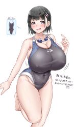 1girl absurdres bare_legs bare_shoulders barefoot black_hair black_one-piece_swimsuit blunt_bangs bob_cut breasts collarbone commentary_request competition_swimsuit covered_erect_nipples covered_navel feet goggles goggles_around_neck hair_ornament hairclip highres huge_breasts one-piece_swimsuit original sakurama_(sss_sakurama) short_hair simple_background solo standing swim_goggles swimsuit taut_clothes taut_swimsuit thighs toes white_background
