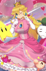 1girl blonde_hair blue_eyes breasts doseisan dress earrings female_focus heart heart-shaped_pupils highres jewelry large_breasts looking_at_viewer luma_(mario) magister mario_(series) medium_breasts mother_(series) nintendo one_eye_closed pink_dress princess_peach smile solo super_smash_bros. super_star_(mario) symbol-shaped_pupils turnip umbrella wink