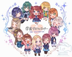 6+girls ^_^ arimura_mao black_pantyhose blazer blonde_hair blue_jacket bluesky_username blush brown_hair brown_pantyhose chibi chibi_only closed_eyes copyright_name everyone fujita_kotone full_body gakuen_idolmaster green_hair grey_hair hanami_saki hanami_ume hataya_misuzu hatsuboshi_gakuen_school_uniform heart himesaki_rinami idolmaster jacket juo_sena katsuragi_lilja kuramoto_china looking_at_viewer miyanome multiple_girls orange_hair pantyhose pink_hair purple_hair school_uniform shinosawa_hiro shiun_sumika siblings sisters smile socks thighhighs title tsukimura_temari twitter_username watermark white_socks white_thighhighs