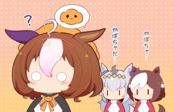 Rule 34 | 3girls, ?, animal ears, black dress, blush stickers, bow, brown background, brown hair, chibi, dress, ear bow, ears down, gomashio (goma feet), gradient background, grey hair, hair between eyes, horse ears, horse girl, horse tail, jacket, meisho doto (dot-o&#039;-lantern) (umamusume), meisho doto (umamusume), multicolored hair, multiple girls, o o, oguri cap (umamusume), orange bow, polka dot, polka dot background, pumpkin hat, purple bow, red jacket, special week (umamusume), tail, track jacket, translation request, two-tone hair, umamusume, upper body, white hair, | |