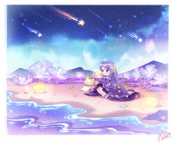 1girl ahoge animal artist_request aurora bare_shoulders beach black_eyes border bow bowtie cat chibi chinese_commentary clam cloak clothed_animal commentary_request copyright_name dot_nose dress ear_covers elbow_gloves eyelashes floating frilled_dress frills gem gloves gown hair_ornament happy high_heels highres hood hood_up hooded_cloak in-universe_location infinity_nikki jewelry light_blush long_dress long_hair meteor_shower momo_(nikki) mountainous_horizon necklace night night_sky nikki_(nikki) nikki_(series) object_floating_above_hand ocean official_art open_mouth outdoors pearl_(gemstone) purple_dress purple_eyes purple_gloves purple_hair purple_shoes red_bow red_bowtie second-party_source shoes shooting_star shore sidelocks sitting sky smile solid_oval_eyes star_(symbol) star_hair_ornament star_necklace star_print star_sea_(nikki) starfish starry_sky_print straight_hair strapless strapless_dress tareme teeth traditional_bowtie upper_teeth_only very_long_hair whiskers white_border white_cat yellow_cloak yokozuwari