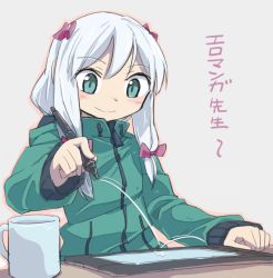 1girl aqua_eyes bow closed_mouth coffee_mug commentary_request cup desk drawing drawing_tablet eromanga_sensei green_jacket hair_bow holding holding_stylus izumi_sagiri jacket jura_cambri long_hair long_sleeves looking_down low-tied_long_hair motion_lines mug pink_bow smile solo stylus tablet_pc translated white_hair zipper_pull_tab