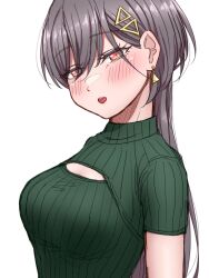 1girl blush breasts cleavage_cutout clothing_cutout commentary earrings green_sweater grey_hair hair_ornament half-closed_eyes highres hrud214 jewelry katsuragi_izumi katsuragi_izumi_(summer_casual) link!_like!_love_live! long_hair looking_at_viewer love_live! medium_breasts open_mouth orange_eyes ribbed_sweater short-sleeved_sweater short_sleeves simple_background slit_pupils solo sweater tongue tongue_out triangle_earrings triangle_hair_ornament turtleneck turtleneck_sweater upper_body virtual_youtuber white_background