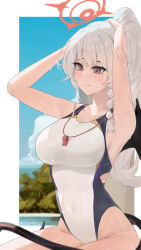 1girl ai-bon arms_behind_head black_tail black_wings blue_archive blue_halo blue_sky braid breasts cloud competition_swimsuit cosplay covered_navel cowboy_shot day demon_tail demon_wings grey_hair halo haruna_(blue_archive) highleg highleg_one-piece_swimsuit highres kanna_(blue_archive) kanna_(blue_archive)_(cosplay) kanna_(swimsuit)_(blue_archive) large_breasts long_hair official_alternate_costume one-piece_swimsuit outdoors ponytail red_eyes red_halo single_braid single_wing sitting sky solo swimsuit tail white_one-piece_swimsuit wings