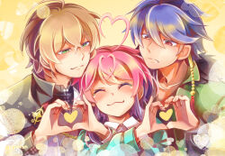 Rule 34 | 3boys, :3, ^3^, adam&#039;s apple, ahoge, amemura ramuda, antenna hair, arisugawa dice, asymmetrical hair, blue hair, blue jacket, blurry, blush, bokeh, brown hair, closed eyes, collarbone, collared shirt, crossed bangs, crossed wrists, depth of field, fang, fling posse, frown, fur-trimmed jacket, fur trim, green eyes, green jacket, hair between eyes, hair ornament, hand up, happy aura, heart, heart ahoge, heart antenna hair, heart hands, heart hands duo, hypnosis mic, jacket, long sleeves, looking at another, male focus, medium hair, multicolored hair, multiple boys, pink eyes, pink hair, pinky out, portrait, purple hair, raised eyebrows, satsuki suzuran, shirt, short hair, smile, swept bangs, tassel, tassel hair ornament, white shirt, yellow background, yumeno gentaro