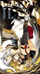 1girl ahoge black_gloves black_thighhighs character_name coin fingerless_gloves frilled_thigh_strap gloves hair_ornament high-waist_shorts highres jacket merah_drow shorts solo thigh_strap thighhighs white_hair yellow_eyes yellow_jacket yixuan_(zenless_zone_zero) yin_yang zenless_zone_zero