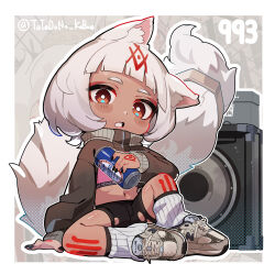 1girl absurdres alcohol animal_ear_fluff animal_ears beer black_nails black_shorts blunt_bangs bob_cut border bra brown_sweater can commentary_request cropped_sweater dark-skinned_female dark_skin deformed grey_shoes hand_rest highres holding holding_can knee_up long_sleeves looking_at_viewer loose_socks medium_hair nail_polish navel open_mouth orange_eyes original outline pink_bra shoes short_eyebrows shorts sitting sneakers socks solo speaker sports_bra stomach sweater tail tatedano_kabae tattoo thick_eyebrows torn_clothes torn_shorts tribal_tattoo underwear white_border white_hair white_outline white_socks wolf_ears wolf_girl wolf_tail