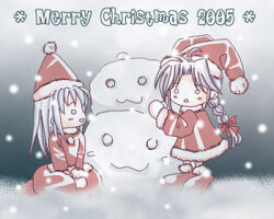 2000s_(style) 2005 2girls acolyte_(ragnarok_online) adapted_costume blush bow braid braided_ponytail christmas commentary_request dated_commentary dress full_body fur-trimmed_dress fur-trimmed_headwear fur_trim grey_background grey_hair hair_bow hat long_hair lowres merry_christmas multiple_girls o_o open_mouth purple_hair ragnarok_online red_bow red_dress red_hat red_shoes sharari shoes single_braid smile snow snowing snowman swordsman_(ragnarok_online)