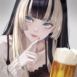 1girl alcohol alternate_costume beer beer_mug black_camisole black_hair blue_eyes camisole cardigan collarbone cup dhbwinner finger_to_own_chin grey_background grey_cardigan highres hime_cut hololive hololive_dev_is juufuutei_raden long_hair looking_at_viewer mug multicolored_eyes multicolored_hair off_shoulder pink_lips pink_nails portrait solo two-tone_hair virtual_youtuber white_hair
