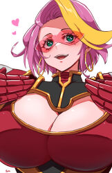1girl 2024 armor arms_up artist_name blonde_hair blush bob_cut bodysuit breasts cleavage cleavage_cutout clothing_cutout collarbone commentary earrings fujioka_yatsufusa green_eyes highres hoop_earrings huge_breasts jewelry kamen_america_(comic) kamen_unity large_breasts mature_female mixed-language_commentary mole mole_under_eye multicolored_hair parted_bangs pauldrons pink_hair red-tinted_eyewear red_bodysuit short_hair shoulder_armor smile solo streaked_hair teeth tinted_eyewear turtleneck turtleneck_bodysuit upper_teeth_only