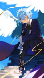 1girl angel_wings angela_(project_moon) ascot black_ascot black_pantyhose black_shoes blue_background blue_coat blue_hair closed_mouth coat collared_shirt full_body gem hamelon310 highres library_of_ruina long_sleeves looking_at_viewer orange_gemstone pantyhose project_moon shirt shoes short_hair simple_background sitting sitting_on_stairs smile socks solo stairs white_shirt white_socks wings yellow_eyes