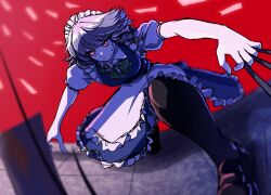 Rule 34 | 1girl, apron, between fingers, black pantyhose, blue dress, bow, bowtie, braid, breasts, brown shoes, closed mouth, collared shirt, commentary request, dagger, dress, floor, frills, green bow, green bowtie, grey hair, hair between eyes, hair bow, highres, holding, holding dagger, holding knife, holding weapon, izayoi sakuya, knife, looking to the side, maid, maid headdress, medium breasts, ofuda, on one knee, pantyhose, pinafore dress, pink eyes, puffy short sleeves, puffy sleeves, red background, shadow, shirt, shoes, short hair, short sleeves, simple background, sleeveless, sleeveless dress, solo, sweatdrop, tenx2 1341, touhou, twin braids, v-shaped eyebrows, weapon, white apron, white shirt