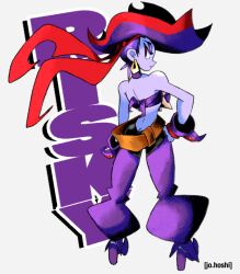 1girl ass bandana bare_shoulders belt breasts butt_crack colored_skin earrings eyeshadow from_behind hand_on_own_hip hat hoop_earrings jewelry jo.hoshi looking_back makeup multicolored_hair narrow_waist pants pirate pirate_hat purple_hair purple_skin red_eyes red_hair risky_boots shantae_(series) short_hair smile solo streaked_hair two-tone_hair