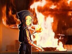 1boy apron bandana black_apron black_hair blue_bandana blue_jacket blurry blurry_background cowboy_shot digimon digimon_frontier fire jacket kitchen looking_at_viewer male_focus minamoto_kouji oh_sorry_01 photo_background solo