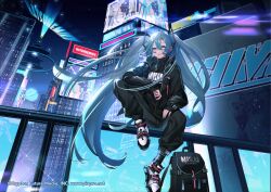 Rule 34 | bag, blue eyes, blue hair, hatsune miku, jacket, karon (vtuber) (artist), school bag, shoes, sneakers, star (sky), tower, twintails