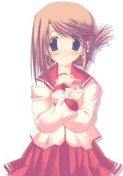 Rule 34 | 1girl, 2000s (style), bad id, blue eyes, blush, claw hair clip, closed mouth, commentary request, drop shadow, folded ponytail, hairclip, kisaki yuu, komaki manaka, long sleeves, medium hair, miniskirt, orange hair, pleated skirt, red sailor collar, red skirt, sailor collar, shirt, simple background, skirt, smile, solo, sweat, swept bangs, to heart (series), to heart 2, white background, white shirt