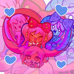 4girls :d ^_^ adversarial_noise bow chibi chibi_only closed_eyes collared_shirt commentary_request cropped_shoulders dark-skinned_female dark_skin dress facing_viewer gimu108 hair_bow hands_on_own_cheeks hands_on_own_face heart heart_hands humanoid_robot long_hair looking_at_viewer monster_girl multiple_girls mutantheart_(omori) no_sclera omori open_mouth perfectheart_(omori) pink_bow pink_dress pink_eyes pink_hair pixel_art_inset polka_dot polka_dot_bow roboheart_(omori) robot shirt short_sleeves simple_background slime_girl smile sweetheart_(omori) teeth twintails twitter_username upper_body upper_teeth_only v-shaped_eyebrows very_long_hair white_background white_shirt white_wrist_cuffs wrist_cuffs zoom_layer