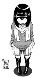 Rule 34 | 1girl, blunt bangs, boots, cyclops, greyscale, hands in pockets, knee boots, long sleeves, looking at viewer, medium hair, monochrome, one-eyed, original, scarf, simple background, solo, white background, yakochu