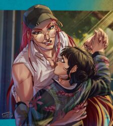 Rule 34 | 2girls, black hair, ear piercing, floral print jacket, glasses, hand on another&#039;s hand, hat, highres, hug, kpop demon hunters, mira (kpop demon hunters), multiple girls, piercing, red hair, red nails, saltyemoil, shirt, sleeveless, sleeveless shirt, white shirt, yuri, zoey (kpop demon hunters)