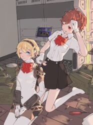 aigis_(persona) android black_skirt blonde_hair blue_eyes blush bow bowtie brown_hair commentary_request drum_(container) gloves hair_ornament hairclip highres holding holding_wrench joints kneeling multiple_girls on_floor one_eye_closed own_hands_together persona persona_3 persona_3_portable red_bow red_bowtie red_eyes robot_joints school_uniform screw screw_in_mouth screwdriver shiomi_kotone shirt short_sleeves sitting skirt socks tbjj1208 white_gloves white_shirt white_socks wrench