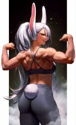 Rule 34 | 166 172, 1girl, alternate costume, animal ears, ass, back, bare shoulders, biceps, boku no hero academia, breasts, clenched hands, clothing cutout, commentary, corrupted twitter file, criss-cross back-straps, dark-skinned female, dark skin, english commentary, flexing, from behind, grey pants, grey sports bra, hair between eyes, hand up, highres, large breasts, long eyelashes, long hair, looking at viewer, looking back, median furrow, mirko, muscular, muscular female, pants, pillarboxed, ponytail, rabbit ears, rabbit girl, rabbit tail, red eyes, shoulder blades, smile, solo, sports bra, steaming body, sweat, tail, tail through clothes, thighs, very long hair, white hair, yoga pants