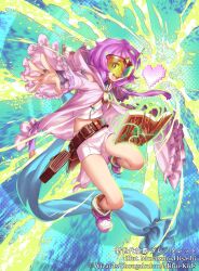 1boy aqua_ribbon artist_name bare_shoulders belt_pouch book coat copyright_notice duel_masters energy frilled_coat frills glenturret_(duel_masters) goggles gradient_background hair_over_one_eye heart hood hooded_coat long_ribbon low_side_ponytail midriff multicolored_hair multicolored_shoes murakami_hisashi navel official_art open_book open_hand open_mouth outstretched_arm pink_coat pink_shoes pouch purple_hair red_hair ribbon shoes shorts solo teeth trap upper_teeth_only white_shorts
