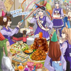 6+girls american_flag animal_ears apron back_bow bag birthday_cake birthday_sash blonde_hair blue_eyes blue_hairband blush bottle bow bowl bowtie box braid braided_ponytail brown_hair cake carrot closed_mouth commentary confetti ear_piercing eighth_note english_text eye_mask fang food fox_mask frilled_skirt frills frown gift gift_box gold_city_(umamusume) green_eyes green_hair grey_hair hair_ornament hair_over_eyes hairband handbag happy_birthday hat headband highres holding holding_behind_back holding_plate horse_ears horse_girl horse_tail horseshoe_ornament inari_one_(umamusume) indoors kindergarten_uniform komiyama_masami long_hair long_sleeves looking_at_another low_ponytail mask mask_on_head medium_hair medium_skirt mother_and_daughter multiple_girls musical_note open_mouth own_hands_together party_hat party_popper piercing plate pleated_skirt ponytail purple_sailor_collar purple_shirt purple_skirt purple_thighhighs red_apron red_headband sailor_collar sashiumito school_uniform serafuku shirt single_braid sitting skin_fang skirt smile soda_bottle sparkle standing string_of_flags super_creek_(umamusume) sweater table tail tamamo_cross&#039;s_mother_(umamusume) tamamo_cross_(umamusume) tan television thighhighs tracen_school_uniform translated twintails twitter_username umamusume umamusume:_cinderella_gray waving white_bow white_bowtie white_sweater wine_bottle