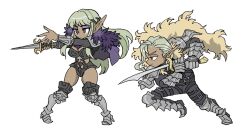 1boy 1girl armor belt belt_buckle black_belt black_nails breasts buckle cleavage closed_mouth commentary_request dark-skinned_female dark-skinned_male dark_elf dark_skin elf eyeshadow fingernails full_body gauntlets green_hair grey_hair highres holding holding_sword holding_weapon ithilion_(unicorn_overlord) kumakoro_(tetsupag) large_breasts long_hair makeup multiple_belts pauldrons pointy_ears profile purple_eyeshadow railanor_(unicorn_overlord) saber_(weapon) short_sword shoulder_armor simple_background sword thighs unicorn_overlord weapon white_background