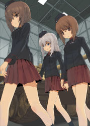 Rule 34 | 10s, 3girls, black jacket, black socks, blue eyes, blush, brown eyes, brown hair, caterpillar tracks, dress shirt, from below, garrison cap, girls und panzer, grey hair, hat, highres, itsumi erika, jacket, kuromorimine military uniform, long hair, long sleeves, military, military uniform, military vehicle, miniskirt, mocha, motor vehicle, multiple girls, nishizumi maho, nishizumi miho, pleated skirt, red shirt, red skirt, shirt, short hair, skirt, socks, tank, vehicle