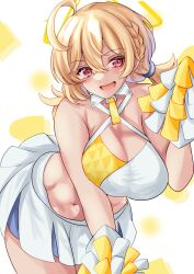 1girl absurdres ahoge blonde_hair blue_archive blush braid breasts cheerleader cleavage commentary_request cowboy_shot criss-cross_halter hair_between_eyes halterneck highres hisagi_(hisagi00) holding holding_pom_poms kotori_(blue_archive) kotori_(cheer_squad)_(blue_archive) large_breasts leaning_forward looking_at_viewer low_twintails medium_hair navel open_mouth pink_eyes pom_pom_(cheerleading) pom_poms skirt smile solo tank_top twintails white_background white_skirt white_tank_top
