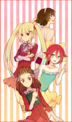 4boys afuro_terumi aoyama_mio aoyama_mio_(cosplay) bad_id bad_pixiv_id bare_shoulders blonde_hair blue_eyes blush bow brown_hair cosplay crossdressing crossed_arms dreadlocks dress fideo_aldena frown green_eyes hair_bow hair_ribbon hairband inazuma_eleven inazuma_eleven_(series) kami_nomi_zo_shiru_sekai kidou_yuuto kiyama_hiroto long_hair looking_back male_focus multiple_boys nakagawa_kanon nakagawa_kanon_(cosplay) red_eyes red_hair ribbon school_uniform shiomiya_shiori shiomiya_shiori_(cosplay) short_hair shorts simple_background smile sundress sweat takahara_ayumi takahara_ayumi_(cosplay) tayako trap twintails