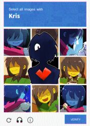 Rule 34 | armor, blue hair, blue skin, brown hair, captcha, colored skin, deltarune, eating, fork, highres, kris (dark world) (deltarune), kris (deltarune), possessed, ralsei, shio tou, smile, soul (deltarune), sticker on face, yellow skin