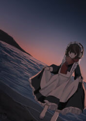 1girl :d apron barefoot beach black_dress blue_sky blush breath brown_eyes brown_hair commentary dress dusk dutch_angle earmuffs evening foot_out_of_frame frilled_apron frilled_dress frills gradient_sky highres horizon kyora_san looking_at_viewer maid maid_headdress ocean open_mouth orange_sky original outdoors red_scarf scarf shore short_hair skirt_hold sky smile solo standing water white_apron
