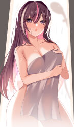 1girl absurdres azki_(hololive) bathroom blush breasts cleavage collarbone colored_inner_hair commentary english_commentary hair_between_eyes highres hololive kurenaiaoi0 large_breasts long_hair looking_at_viewer multicolored_hair naked_towel open_mouth pink_eyes pink_hair solo streaked_hair thighs towel virtual_youtuber wet