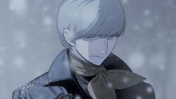 1boy albert_heinrich big_nose black_coat black_shirt coat cyborg cyborg_009 dynamic_pose grey_hair hair_between_eyes looking_to_the_side male_focus mechanical_hands scarf shirt short_hair snowing straight_hair white_eyes winter yagi_009 yellow_scarf
