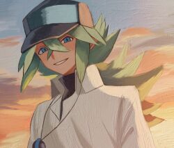 Rule 34 | 1boy, baseball cap, black hat, black undershirt, blue eyes, cloud, cloudy sky, collared shirt, green hair, hair between eyes, hat, jewelry, long hair, looking at viewer, male focus, n (pokemon), necklace, nintendo, pokemon, pokemon bw, ponytail, shirt, sky, smile, solo, sunset, upper body, white shirt, zero (sleepy meltan)