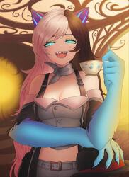 1girl absurdres alavastircloud animal_ears bare_shoulder belt blue_eyes bowler_hat breasts brown_hair cat_ears claws cleavage corruption curious_cat_(rwby) dark_persona hat highres holding holding_unworn_clothes holding_unworn_hat long_hair medium_breasts multicolored_hair neopolitan_(rwby) pink_hair possessed possession rwby scarf sharp_teeth solo tea tea_cup teeth unworn_hat unworn_headwear