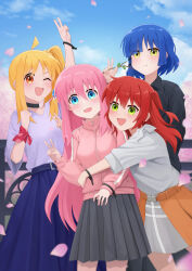 4girls absurdres ahoge alternate_costume arm_up bad_tag belt belt_buckle black_shirt blonde_hair blue_belt blue_eyes blue_hair blue_shirt blue_sky blunt_ends blurry blurry_background blush bob_cut bocchi_the_rock! bow branch breasts buckle cherry_blossoms cherry_tree cloud collared_shirt commentary_request cowboy_shot cube_hair_ornament day detached_sleeves eating falling_petals gotoh_hitori green_eyes grey_shirt grey_skirt group_picture hair_ornament hairclip hand_up height_difference highres holding holding_branch hug_from_side ijichi_nijika jacket kita_ikuyo large_breasts long_hair long_skirt long_sleeves looking_at_viewer mole mole_under_eye multicolored_skirt multiple_girls naeaemgung one_eye_closed one_side_up open_mouth orange_belt orange_eyes orange_skirt outdoors parted_bangs petals pink_hair pink_jacket pleated_skirt polka_dot_wristband ponytail_with_braided_base purple_skirt red_hair shirt shirt_bow short_hair short_sleeves side_ponytail skirt sky smile solo standing straight_hair three-quarter_sleeves track_jacket tree triangle_mouth v v-shaped_eyebrows very_long_hair wrist_straps wristband yamada_ryo zipper zipper_pull_tab