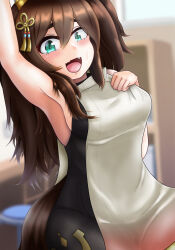 Rule 34 | 1girl, animal ears, arm up, armpits, black bodysuit, blurry, blurry background, bodysuit, breasts, brown hair, cowboy shot, ear covers, ear ornament, fang, green eyes, hair between eyes, highres, horse ears, horse girl, horse tail, inari one (umamusume), large breasts, long hair, official alternate costume, sidelocks, solo, stellarsugar07, tail, umamusume