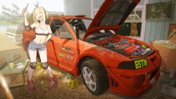 1girl ? car cat chalkboard closed_eyes computer day denim denim_shorts dog elbow_pads holding holding_wrench jack_stand jettoburikku knee_pads laptop mitsubishi_lancer_evolution mitsubishi_motors motor_vehicle open_mouth original outdoors red_footwear shorts solo spoiler_(automobile) sports_bra table toolbox tools wrench