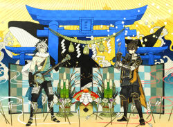 armor arrow_(projectile) black_hair bow_(weapon) brown_eyes chest_tattoo chosokabe_motochika coat crossbow flower fur_collar hat high_collar instrument mouri_motonari multicolored_hair sengoku_musou shamisen tattoo torii two-tone_hair weapon whale white_hair