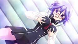 Rule 34 | 1girl, between breasts, black dress, breasts, breasts apart, breasts squeezed together, buttons, chaos;child, chest bow, double-breasted, dress, dress shirt, drooling, game cg, glasses, grabbing own breast, hair between eyes, headphones, headphones around neck, hekiho academy, hekiho academy uniform, high collar, highres, kazuki hana, large breasts, long sleeves, looking at breasts, looking at viewer, necktie, necktie between breasts, non-web source, official art, open mouth, purple eyes, purple hair, red-framed eyewear, red necktie, sailor collar, saliva, sasaki mutsumi, school uniform, shirt, short hair, sidelocks, smile, solo, squeezing, standing, thick thighs, thighhighs, thighs, tongue