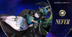 1girl arm_support black_gloves black_hair bracelet breasts character_name claw_ring closed_mouth commentary earrings elbow_gloves english_commentary english_text eyelashes facial_mark from_above genshin_impact gloves gold_bracelet green_eyes green_hair hair_intakes hand_up highres jewelry long_hair looking_at_viewer looking_up medium_breasts mole mole_under_eye multicolored_hair nefer_(genshin_impact) official_art sitting skindentation skirt smile solo thigh_strap thighs tiara two-tone_hair usekh_collar white_skirt