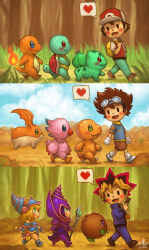 1girl 4boys :d absurdres agumon backpack bag blonde_hair blue_eyes blush_stickers brown_hair bulbasaur card charmander commentary crossover dark_magician dark_magician_girl digimon digimon_(creature) digimon_adventure duel_monster english_commentary fang fang_out fire flame-tipped_tail gen_1_pokemon gloves goggles goggles_on_head green_eyes happy hat heart highres holding holding_card holding_staff kuriboh millennium_puzzle multicolored_hair multiple_boys multiple_crossover nintendo open_mouth patamon piyomon pokemon pokemon_(creature) pokemon_frlg purple_hair red_(pokemon) red_eyes ry-spirit smile spiked_hair spoken_heart squirtle staff starter_pokemon_trio tail walking white_gloves wings wizard_hat yagami_taichi yami_yugi yu-gi-oh! yu-gi-oh!_duel_monsters
